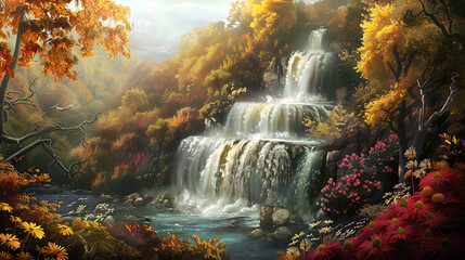 waterfall in autumn forest,generative ai