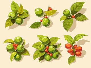Green coffee beans at various stages of ripeness, from underripe pale green to perfectly ripe vibrant red, emphasizing the impact on flavor , anime aesthetic