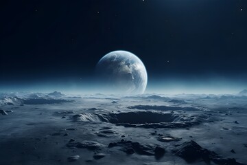 Earth appearing on the moon, cinematic gravity-free scenes, dark blue and gray, traditional animation, neo-academism wallpaper banner space 