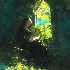 Contemplative Nun Reading Book in Serene Cloister Garden - obrazy, fototapety, plakaty