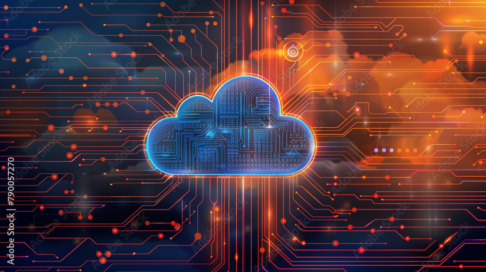 Poster virtual cloud server infrastructure computing icon on blue digital circuit board connection, informa