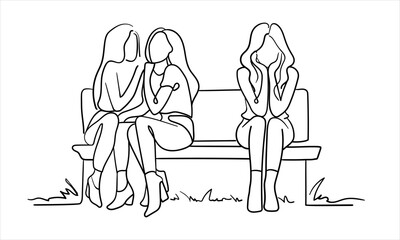 Girls gossiping while sitting on a bench isolated on white background. Girlfriends talking line art drawing. Vector illustratio