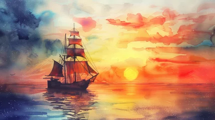 Rolgordijnen painting of ship sailing during sunset  © AiDesign
