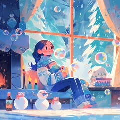 A woman enjoys the magic of indoor warmth, surrounded by winter bubbles and festive decorations.