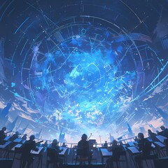 An AI Orchestra Conducts a Futuristic Performance in a Space-themed Hall