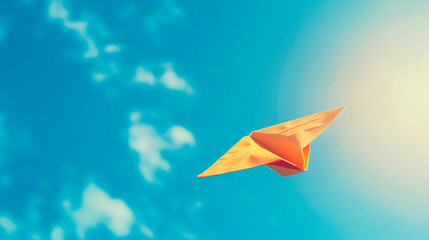 Conceptual style, paper airplane, blue sky, close-up composition, outdoor lighting, copy space on the right