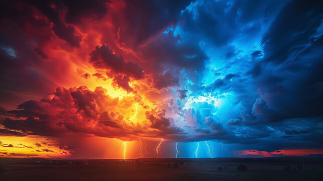 Dramatic stormy sky with a striking contrast of fiery sunset and electric blue clouds with lightning