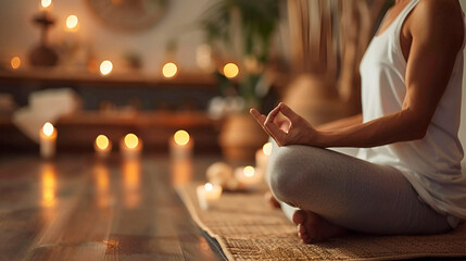 Conceptual style, relaxation and wellness, person meditating post-massage, centered composition, soft lighting, copy space on the right