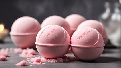 Pink bath bombs on gray tabletop, close up view
