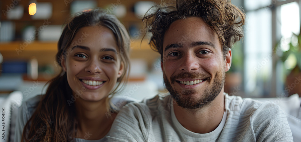 Fototapete a virtual conversation through screens between two smiling people. generative ai.
