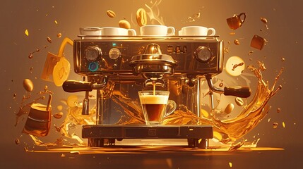 A gleaming espresso machine with a skilled barista pulling a perfect shot, rich crema cascading into a demitasse , 3D style