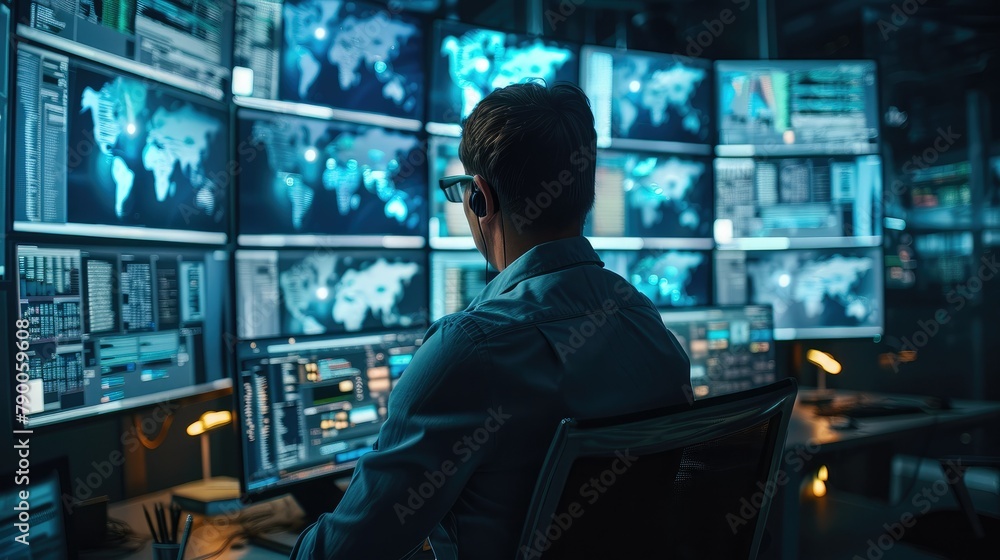 Poster Cybersecurity Expert in action, an intense scene showing a professional at a multi-monitor station, screens filled with data encryption and threat monitoring. Generative AI.
