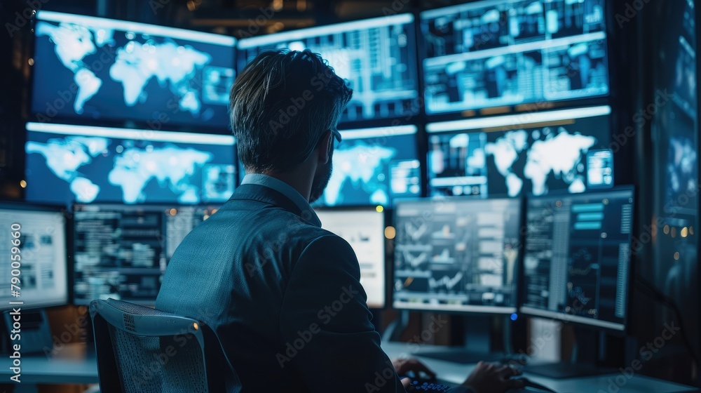 Aufkleber Cybersecurity Expert in action, an intense scene showing a professional at a multi-monitor station, screens filled with data encryption and threat monitoring. Generative AI.