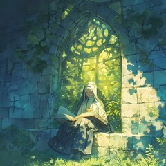 Serene Monastic Life - A Nun Sits in a Cloister Garden Reading a Book - obrazy, fototapety, plakaty