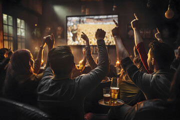 Young man screaming while drinking beer, watching sports game with his friends in sport bar. Soccer Club Members Cheering for Team, Drinking Beer in Pub. Fans Raising Glasses and Shouting. Friends