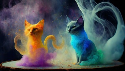 Illustration of a cat made of smoke, a wizard's cat. - obrazy, fototapety, plakaty