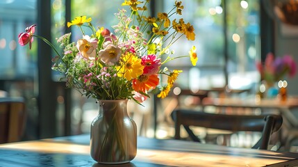 Restaurant decoration flowersin vase on table full view