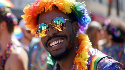 Man with rainbow lei and reflective sunglasses at pride parade. Candid street photography with festive atmosphere. LGBTQ+ community celebration concept. Design for event flyer,inclusive society poster - obrazy, fototapety, plakaty