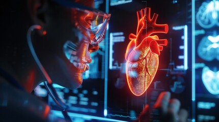 Futuristic medicine: Business professional examines heart disease treatment options through a holographic interface - obrazy, fototapety, plakaty