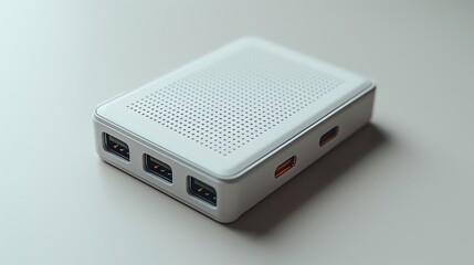 Compact portable charger centered on a soft white background, detailing the textured surface and charging ports