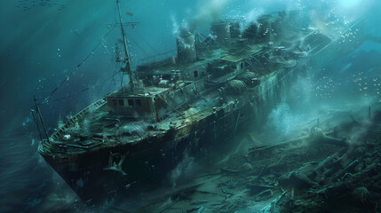 wreckage of a submerged ship underwater
