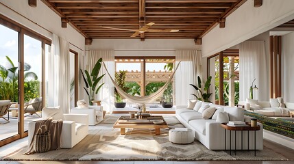 Large and bright living room of an luxury villa brightly lit living room with hammock sofa set and armchairs - Powered by Adobe