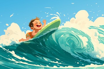 Happy baby Boy surfer cool summer. Boy ride surfboard on big wave. funny child illustration. Tropical sea surf sport kids anime style
