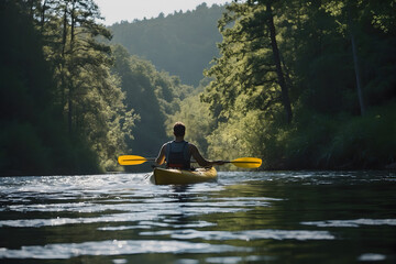 A man kayaking in a tranquil place