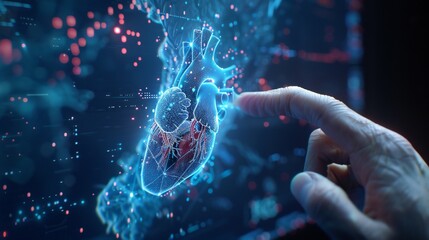 Holographic heart aids businessman in understanding the complexities of cardiovascular health - obrazy, fototapety, plakaty