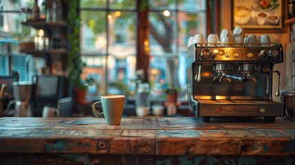 A steaming cup of coffee on a rustic table with an espresso machine in a cozy cafe. Created with Generative AI.