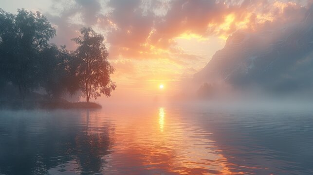 Misty sunrise over serene lake with lush trees and fiery clouds, reflecting in the water. Created with Generative AI.