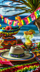 Cinco de Mayo,Mexican colorful summer fiesta party,sombrero hat,maracas margarita cocktail,table colorful Mexican decorations. With the exotic beach "Cinco de Mayo" as a backdrop,mexican banner.