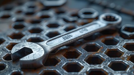 Close-up of a combination wrench on a honeycomb metal surface, with a shallow depth of field. Created with Generative AI.