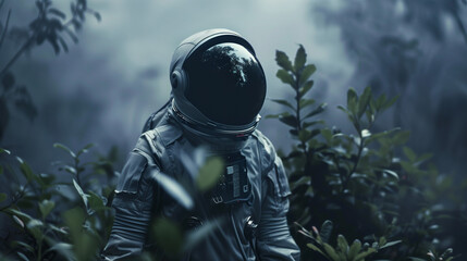 illustration of astronaut in space suit and helmet exploring alien exo planet forest with mist, astronomy concept
