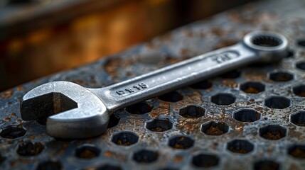 Close-up of a combination wrench resting on a perforated metal surface with a clear focus on the tool. Created with Generative AI.