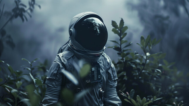illustration of astronaut in space suit and helmet exploring alien exo planet forest with mist, astronomy concept
