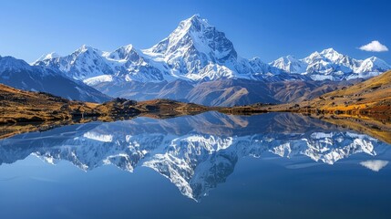 Majestic snowy mountains reflected in a tranquil high-altitude lake under a clear blue sky. Created with Generative AI.