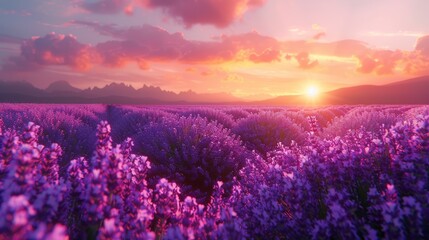 Lavender field at sunset with vibrant skies and sun dipping below the mountains. Created with Generative AI. - obrazy, fototapety, plakaty
