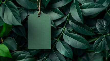 Green Blank Tag Hanging on a Lush Plant Leaves for Eco-Friendly Branding and Product Labeling