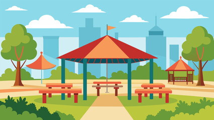 A park with a large pavilion and picnic tables great for neighborhood cookouts and familyfriendly events.