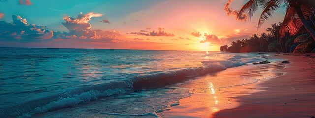 Tranquil beach at sunset with vibrant skies, gentle waves, and silhouetted palm trees. Created with Generative AI. - obrazy, fototapety, plakaty