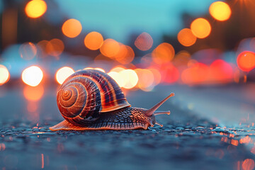 Snail walking on street in the city - obrazy, fototapety, plakaty
