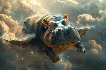 Hippo potamus flying in the sky - obrazy, fototapety, plakaty