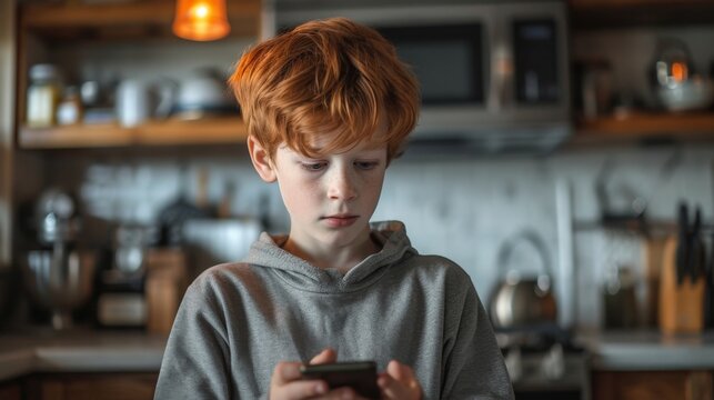 Teenage boy with red hair using smartphone in modern kitchen at home, browsing social media