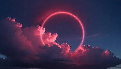 A large red glowing ring in the sky surrounded by dramatic pink and purple clouds against a dark blue sky - obrazy, fototapety, plakaty