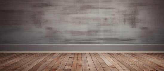 An empty room with a wooden floor and a gray wall