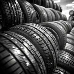 Close-up of stacked car tires in a monochrome display showcasing various tread patterns. Created with Generative AI.