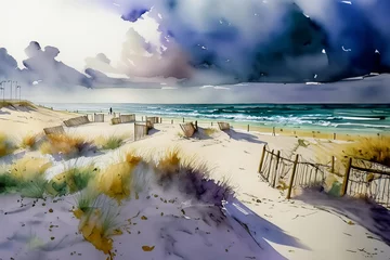 Fotobehang Beach scene with dunes, a distant figure, and a cloudy sky painted in watercolors © homydesign