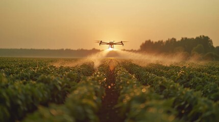 Drone flying low over farmland at sunset, with a beautiful backdrop and haze around. Created with Generative AI.