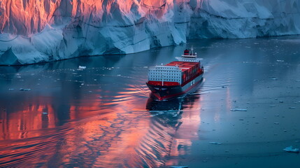 Aerial view on a huge ship carrying containers and breaking ice on frozen waters